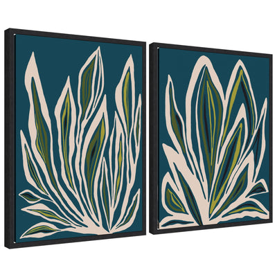 Sylvie Blue Flora 1 and 2 framed canvas art set by Alicia Bock showing abstract blue floral designs
