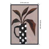 Abstract painting of brown elongated leaves in a black vase with white spots on a muted beige background, framed with a beaded black border.