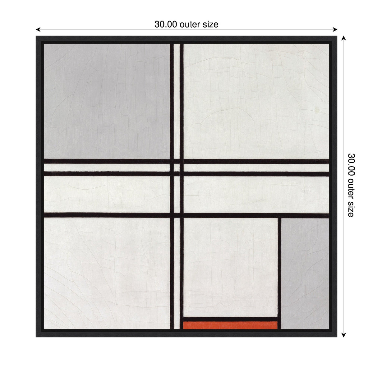 Square canvas with a grid of black lines creating rectangular sections filled with gray, white, and one small red rectangle near the bottom, framed in black.