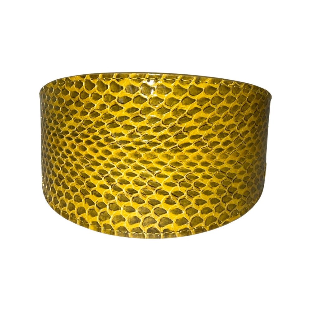 Mustard Yellow & Black Snake 3” Wide Style Collar displayed in four close-up views showcasing vibrant pattern and buckle detail