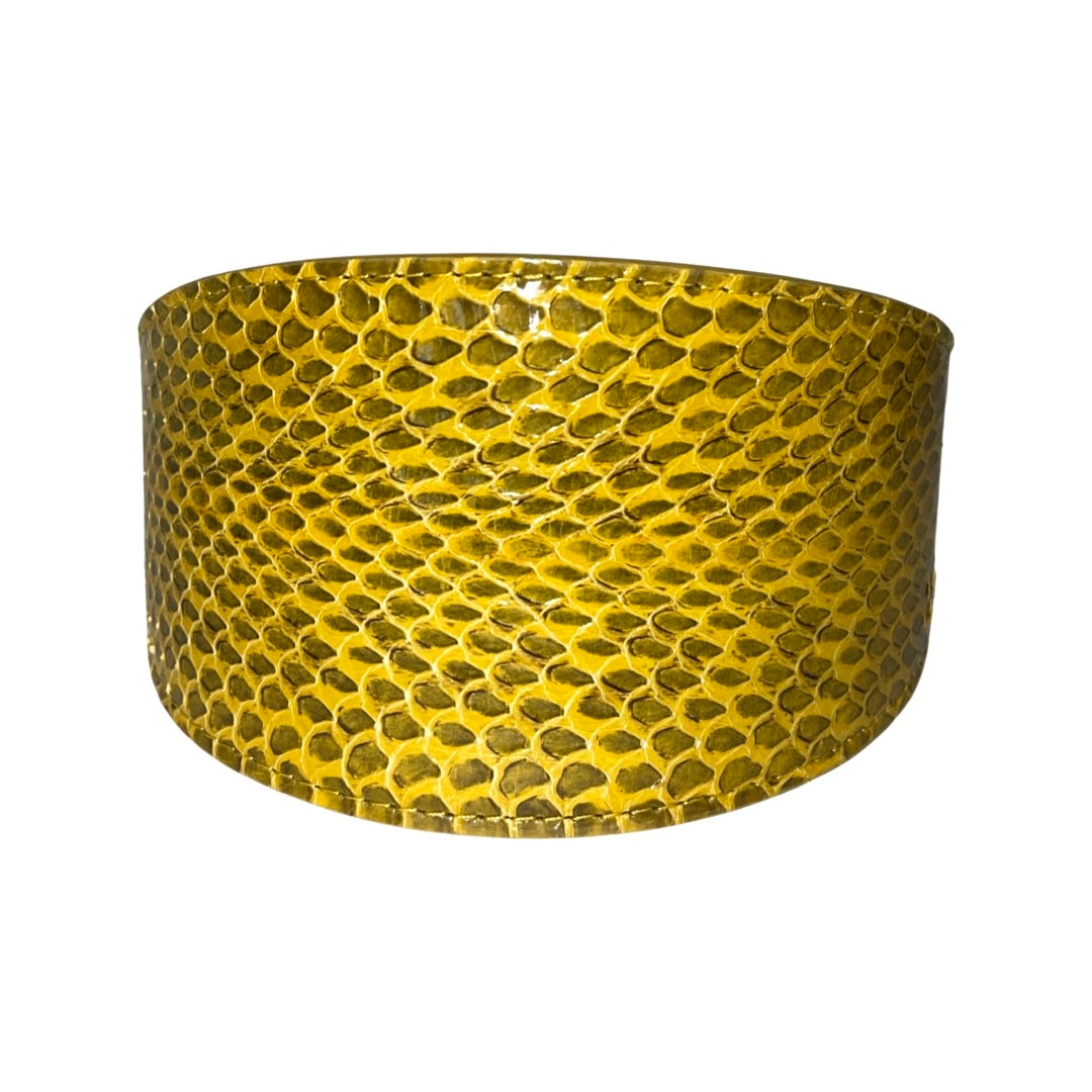 Mustard Yellow & Black Snake 3” Wide Style Collar displayed in four close-up views showcasing vibrant pattern and buckle detail
