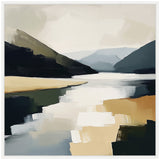 Abstract landscape painting with layered mountains in muted greens and blues and a reflective water body in creamy white and beige brushstrokes beneath an overcast sky.
