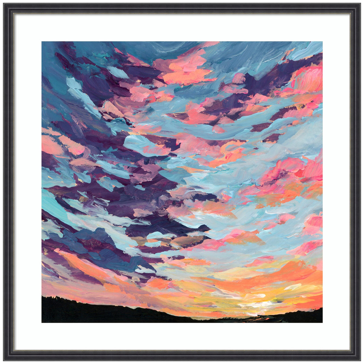 Framed painting depicting a vivid sunset sky with bold strokes of purple, pink, and blue clouds above a dark horizon silhouette.