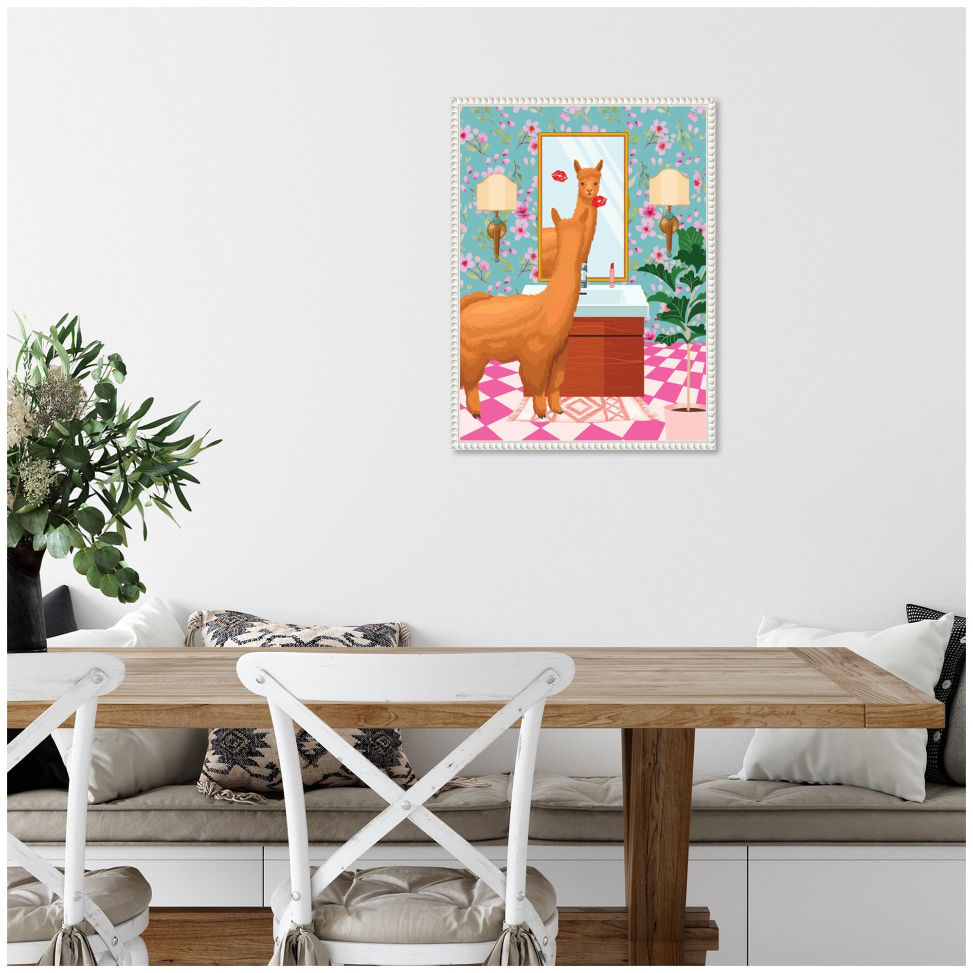 Sylvie Maximalist Llama Bathroom Mirror Framed Canvas by Honey Island Studio
