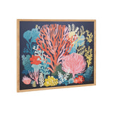 Colorful coral reef illustration with bright pink, yellow, and blue corals on a dark background, framed in light wood.