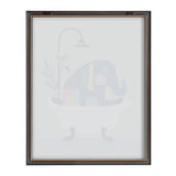 Framed artwork showing a simplified mid-century style elephant with colorful geometric patterns standing in a white clawfoot bathtub under a curved showerhead.