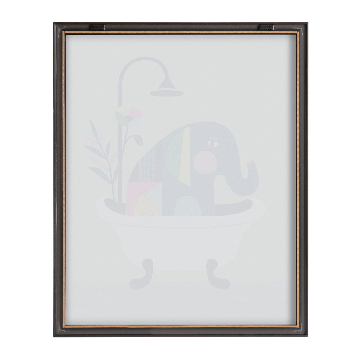 Framed artwork showing a simplified mid-century style elephant with colorful geometric patterns standing in a white clawfoot bathtub under a curved showerhead.