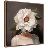 Portrait of a woman with a large white flower obscuring her face, set against a muted dark background with green leaves, framed in ornate gold.