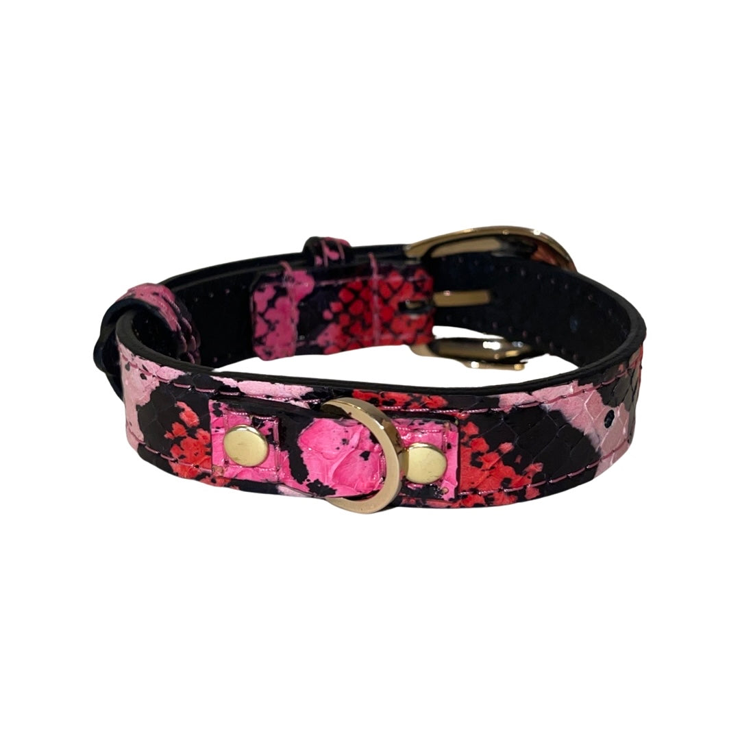 Dog collar with fuchsia, light pink, and red snake pattern on black background featuring custom gold buckle and D-ring hardware.