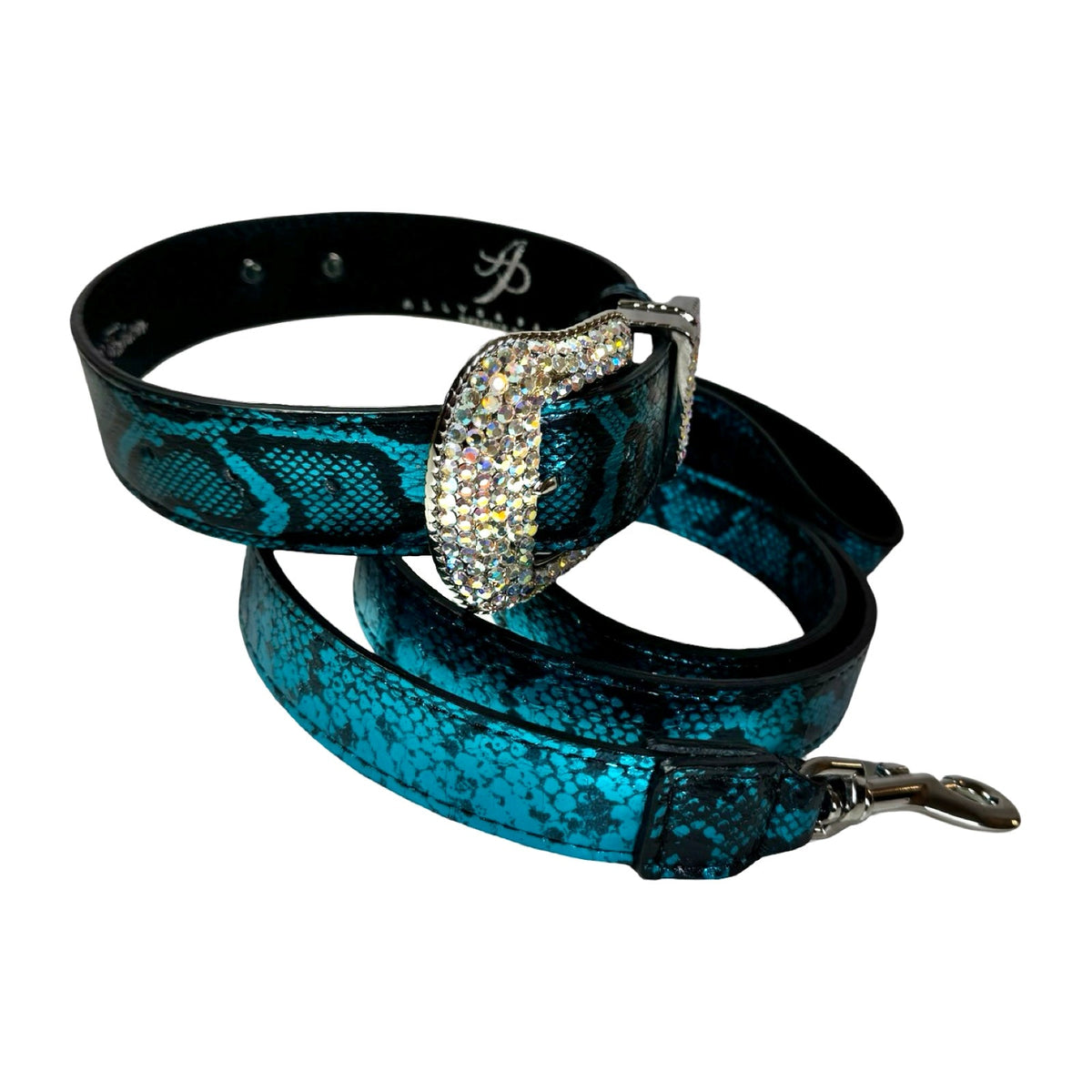 Coiled blue and black snake-patterned belt with a sparkling rhinestone-covered buckle and metallic clasp, shown against white background.