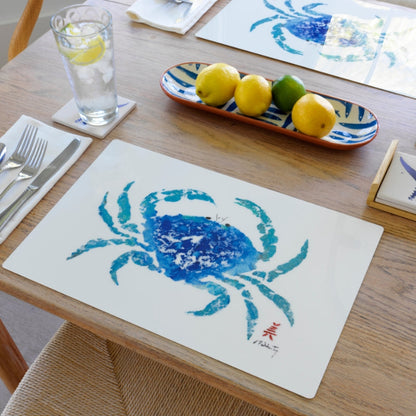 Blue Dungeness Crab Placemat with nautical crab design on neutral background