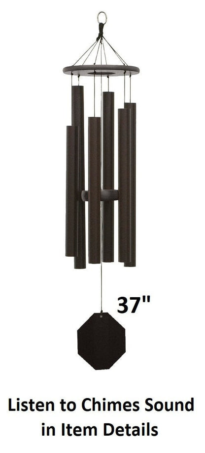 Amish handmade aluminum wind chimes in various sizes hanging outdoors