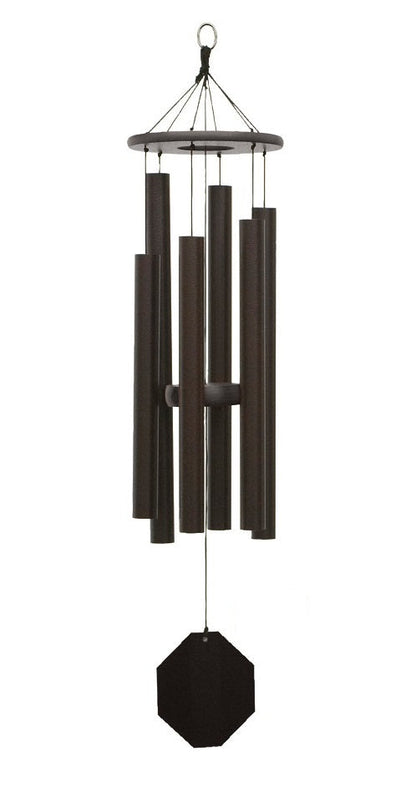 Amish handmade aluminum wind chimes in various sizes hanging outdoors