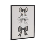 Framed artwork featuring three distinct black and white bows arranged vertically on a white background with varied shading and line styles.