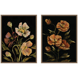 Two framed canvas artworks depicting moody floral arrangements with soft pink, peach, and orange flowers on deep black backgrounds, highlighting delicate brushstrokes and muted greens.