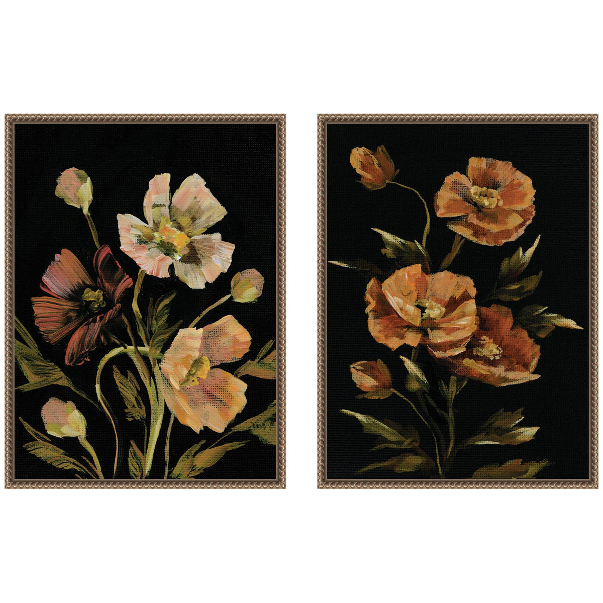 Two framed canvas artworks depicting moody floral arrangements with soft pink, peach, and orange flowers on deep black backgrounds, highlighting delicate brushstrokes and muted greens.