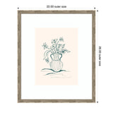 Minimalist blue line drawing of flowers in a ribbed vase on a light beige background, framed with a decorative carved frame and white matting.
