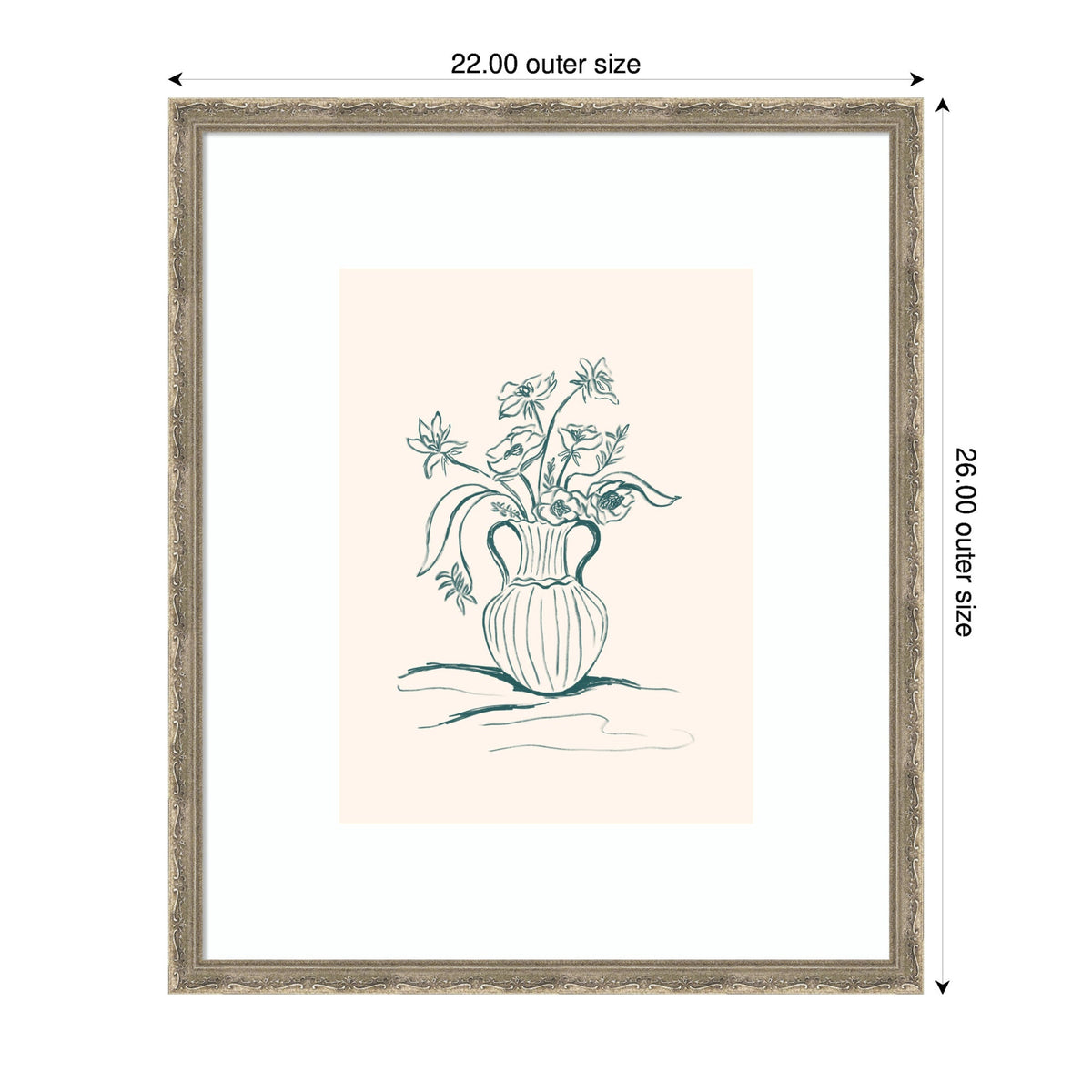 Minimalist blue line drawing of flowers in a ribbed vase on a light beige background, framed with a decorative carved frame and white matting.