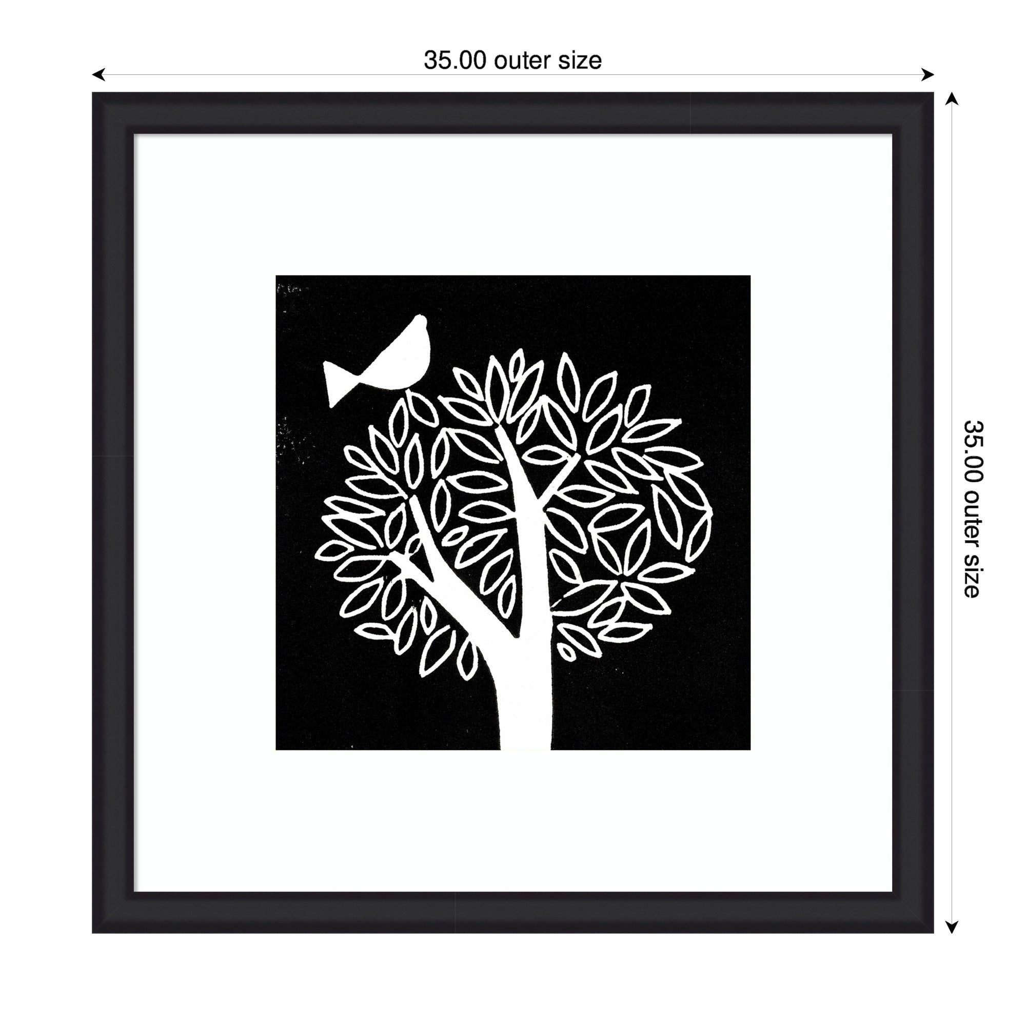 Framed Art Black and White Bird Tree Linocut by Giuliana Lazzerini