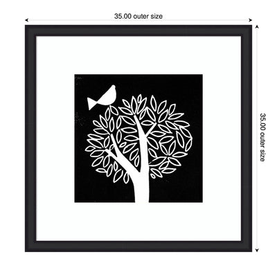 Framed Art Black and White Bird Tree Linocut by Giuliana Lazzerini