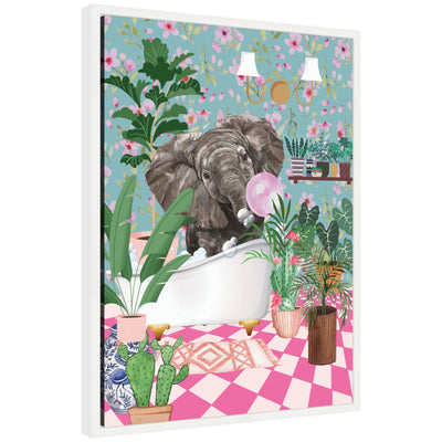 Sylvie Maximalist Bathroom Elephant Bubblegum framed canvas showing an elephant in bubblegum colors with a modern white frame.