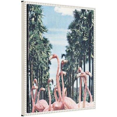 Sylvie Palm Trees and Flamingos framed canvas art by Sarah Eisenlohr, displaying palm trees and flamingos with vintage beaded frame