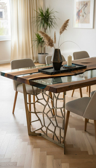 Resin Walnut River Dining Room Table with Voronoi epoxy resin river and laser-cut metal legs