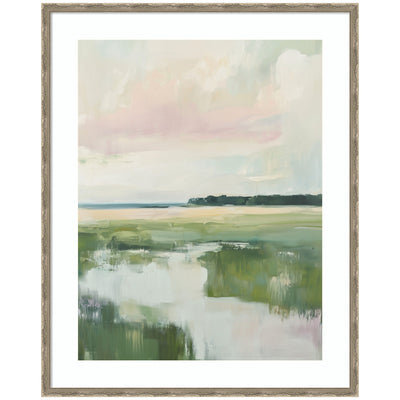 Framed Art Pastel Horizon I showing a serene landscape with pastel sky, green fields, and reflective waters