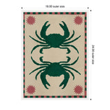 Framed canvas artwork featuring two dark green crabs stacked vertically on a beige background with red sunburst shapes in each corner and a red and green checkered border, sized 18x24 inches.