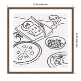Black line drawing on white background of a cheese board, sliced pizza, bowl of strawberries, cocktail glass, and a plate with slice of pie in simple sketch style.
