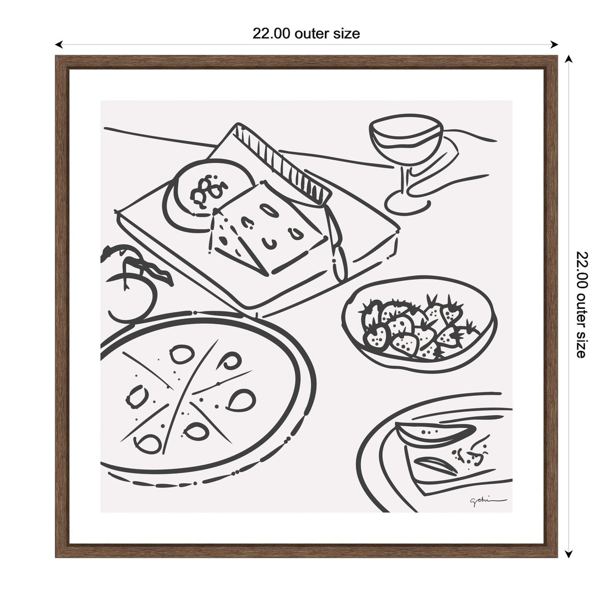 Black line drawing on white background of a cheese board, sliced pizza, bowl of strawberries, cocktail glass, and a plate with slice of pie in simple sketch style.