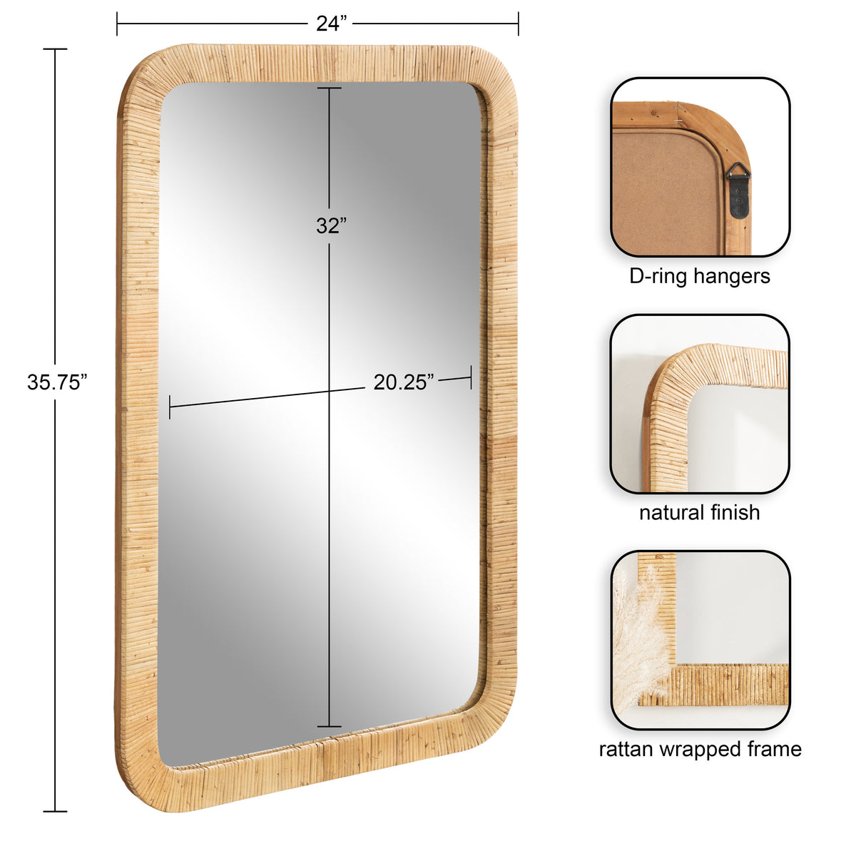 Rectangular wall mirror with rounded corners featuring a natural-finish rattan wrapped frame and D-ring hangers on the back, measuring 35.75 by 24 inches.