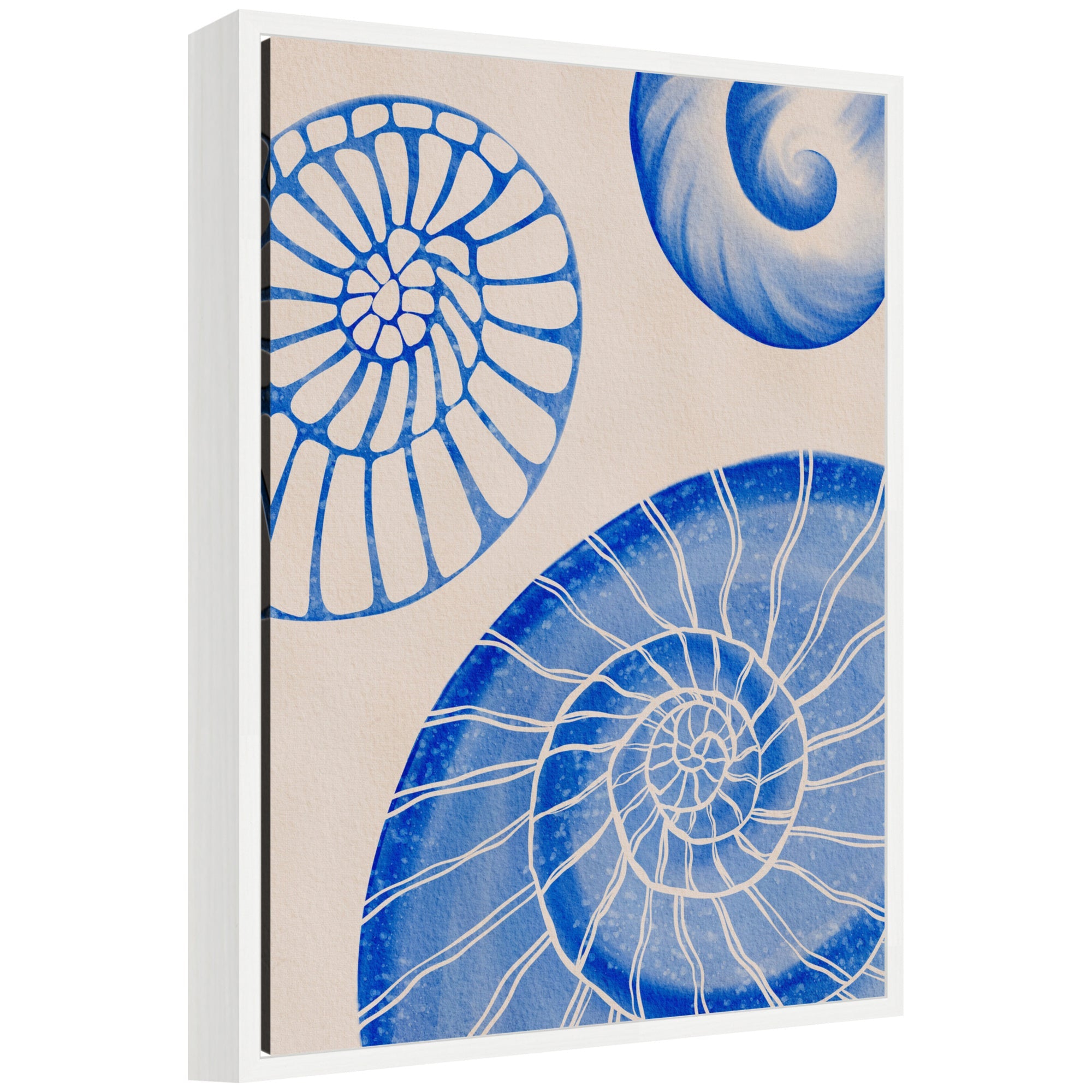 Framed canvas art titled Sylvie Ocean Charms l by Nikita Jariwala, featuring abstract ocean-inspired forms in blue and beige tones.