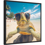 Close-up of a sea turtle wearing oversized brown sunglasses on a sunny beach with blue sky and palm trees in the background.