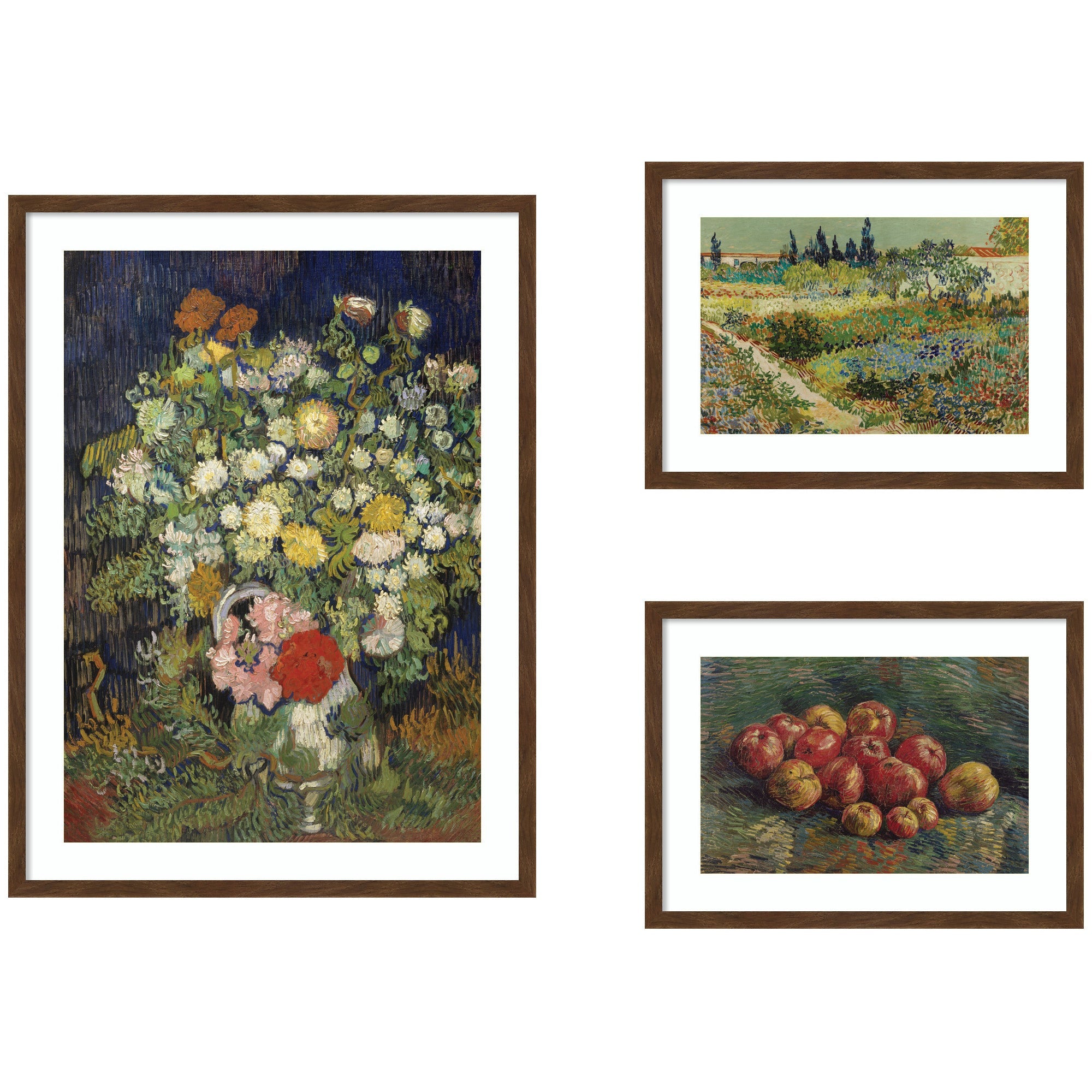 Apples 1887, Bouquet of Flowers in a Vase 1890, & Garden at Arles by Vincent Van Gogh 3 Piece Framed Wall Art Print Set