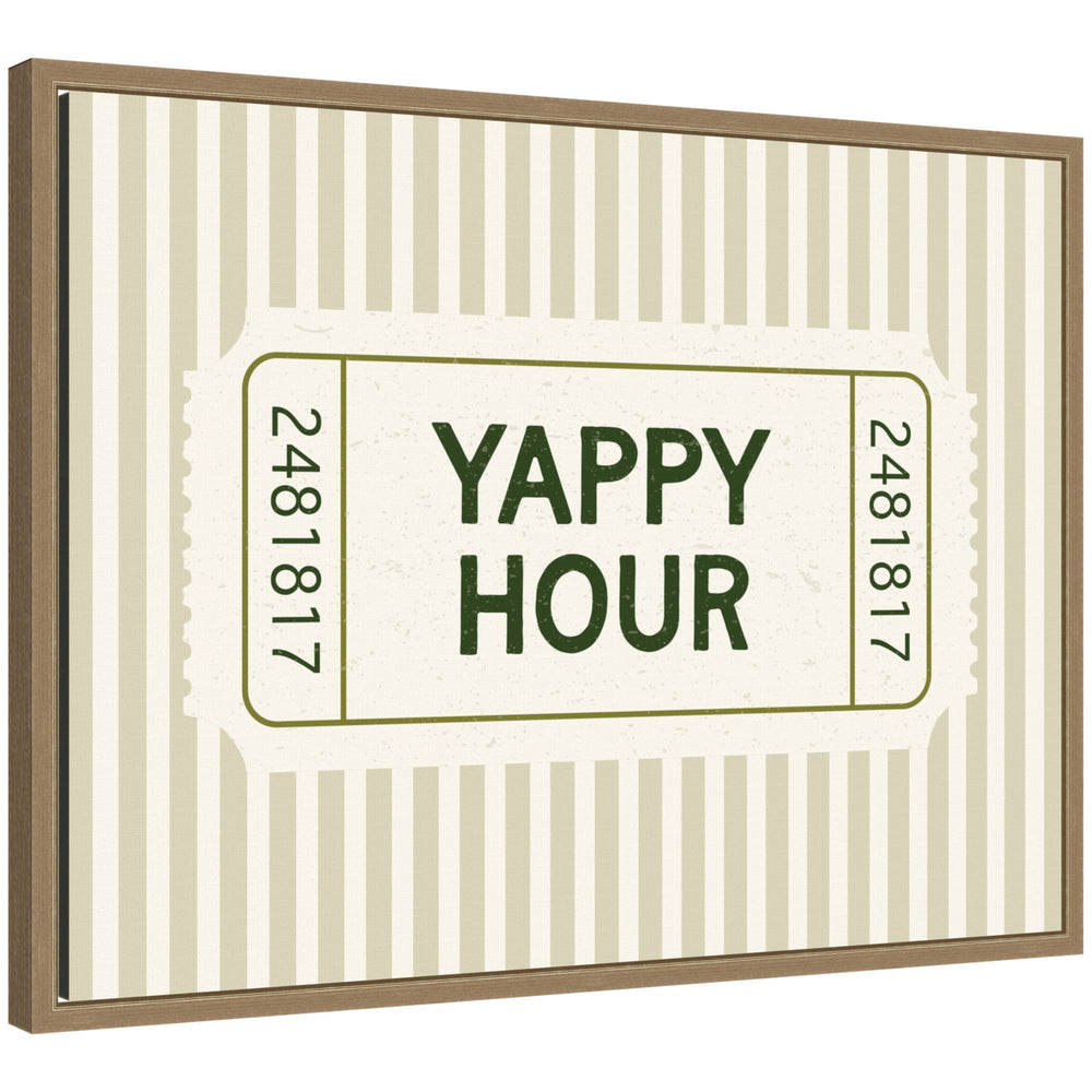 Yappy Hour Ticket Sage Green Wall framed canvas print showing a whimsical scene, in dark gold Sylvie frame.