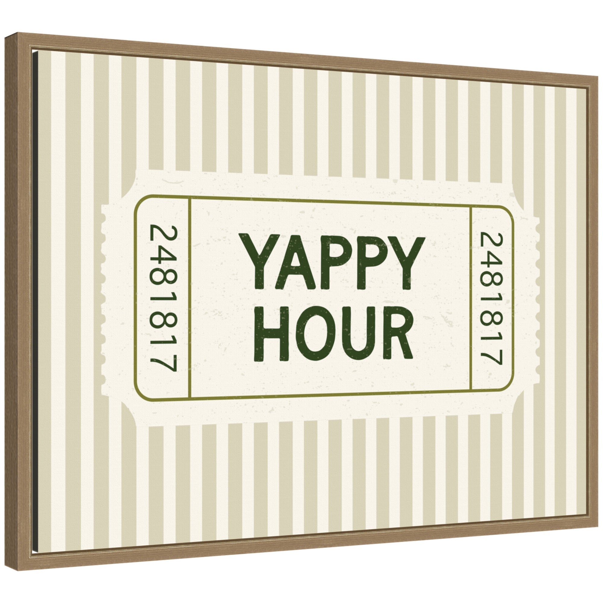 Yappy Hour Ticket Sage Green Wall framed canvas print showing a whimsical scene, in dark gold Sylvie frame.