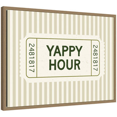 Yappy Hour Ticket Sage Green Wall framed canvas print showing a whimsical scene, in dark gold Sylvie frame.