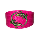 Fuchsia Pink Snake Collar with Green Rhinestone Alligators displayed on neutral background