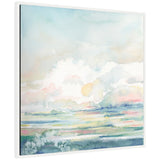 Soft watercolor landscape with pastel blue sky, white clouds, and streaks of pink, green, and yellow suggesting fields or water, framed in white.