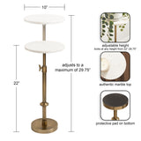 Adjustable height marble table and plant stand with two round white marble tops and a brushed brass metal frame and base, shown with height dimensions and close-up details.
