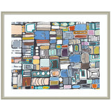 Framed abstract rectangular collage with varied colors including blue, tan, orange, and white, featuring outlined shapes in a grid-like pattern by Leah Nadeau.