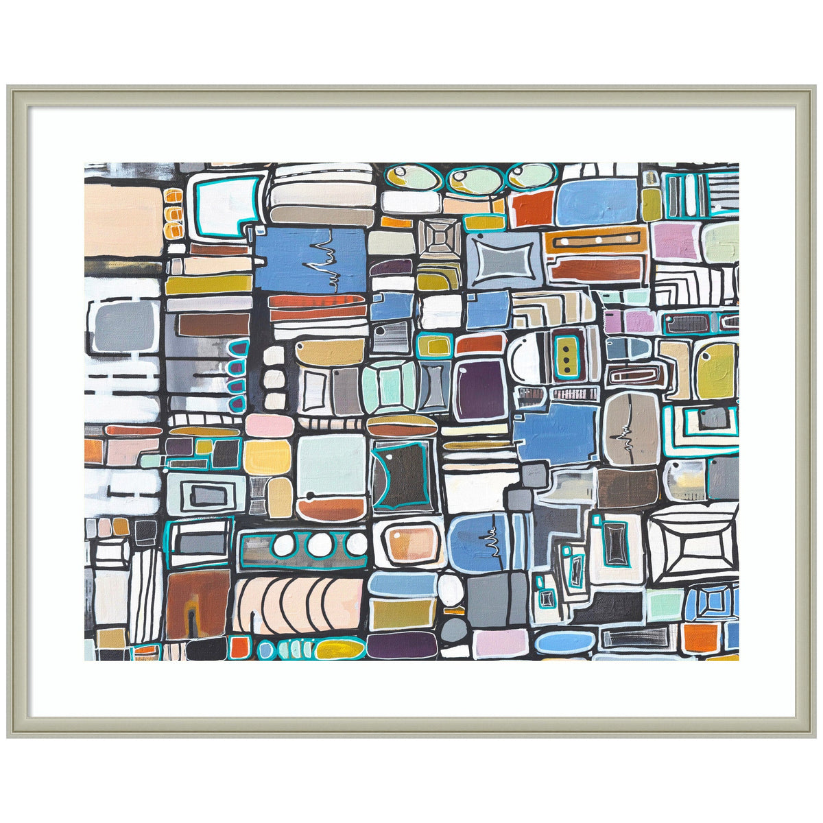 Framed abstract rectangular collage with varied colors including blue, tan, orange, and white, featuring outlined shapes in a grid-like pattern by Leah Nadeau.