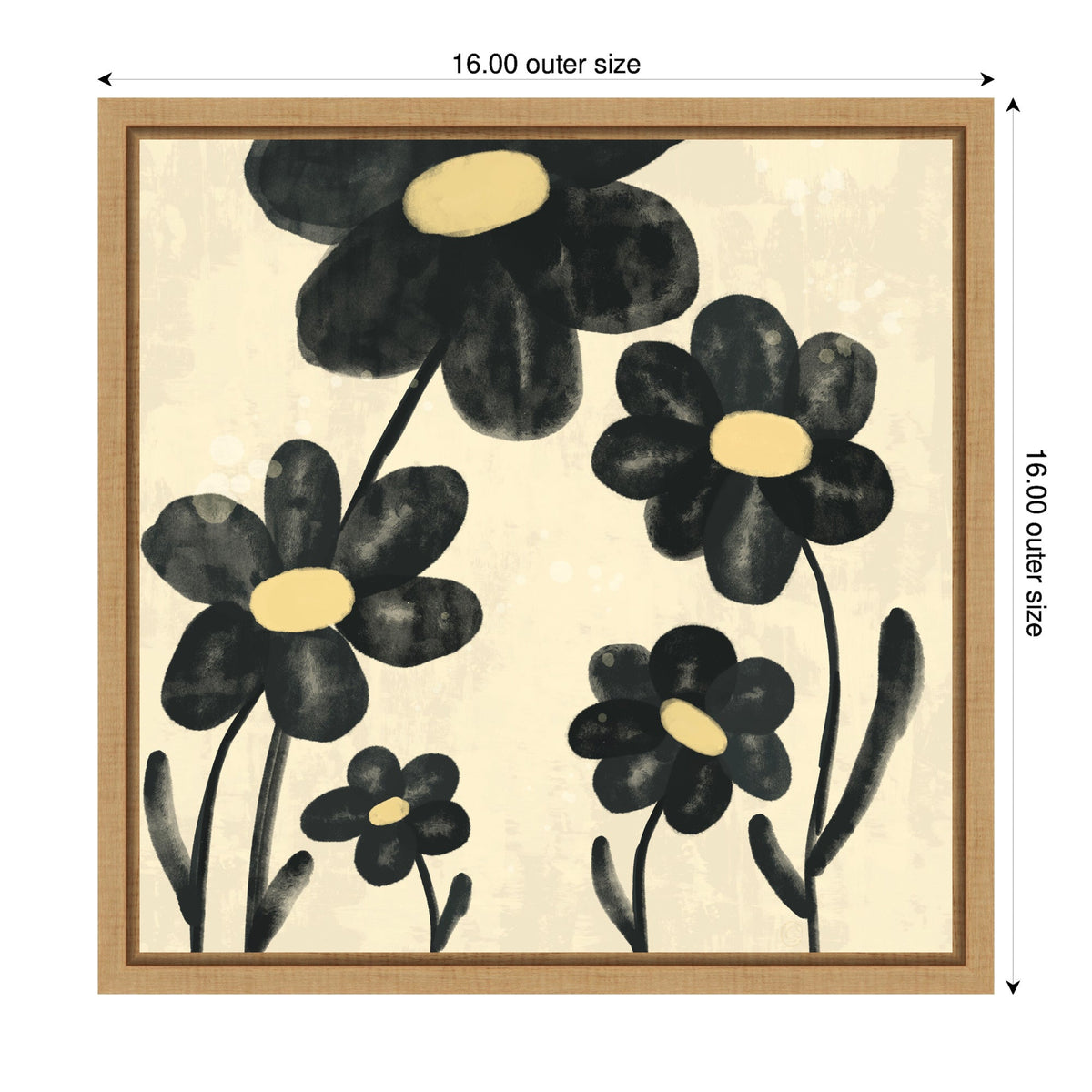 Canvas artwork featuring five black flowers with soft yellow centers and thin black stems on a beige background, framed in a light wood frame, sized 16x16 inches.