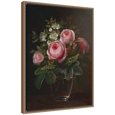 Framed canvas wall art of roses and tree anemones in a glass vase, with Sylvie Beaded Dark Gold frame