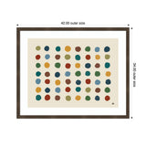 Framed abstract art with six rows of seven rounded color blobs in blue, green, yellow, red, and brown on a beige background, signed by the artist in lower right.
