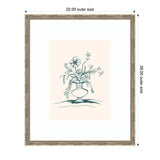 Delicate line drawing of a floral arrangement with a large central flower and slender leaves in a rounded vase on a light beige background, framed in ornate gold.