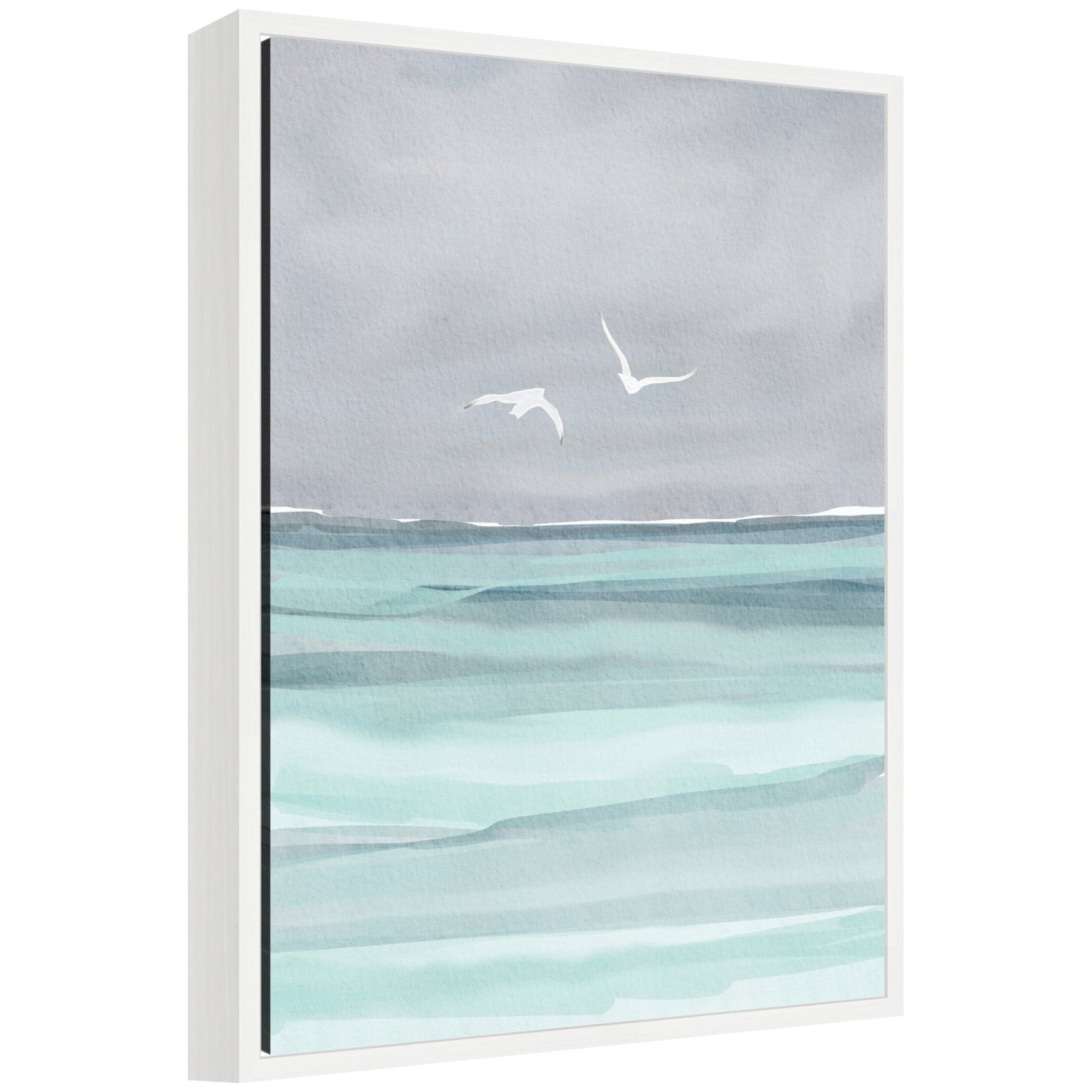 Sylvie Sea and Seagulls framed canvas art by Nikita Jariwala showing seagulls and a calm sea scene in a floating frame.
