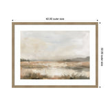 Softly blurred abstract landscape artwork with muted beige, brown, and gray tones depicting a calm open field under a cloudy sky within a light wooden frame.