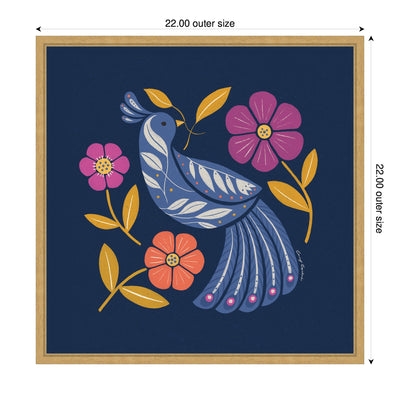 Sylvie Boho Folk Art Bird Blue and Gold Framed Canvas by Carey Copeland